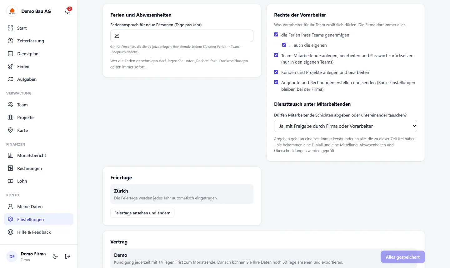 Rechte der Vorarbeiter und Diensttausch